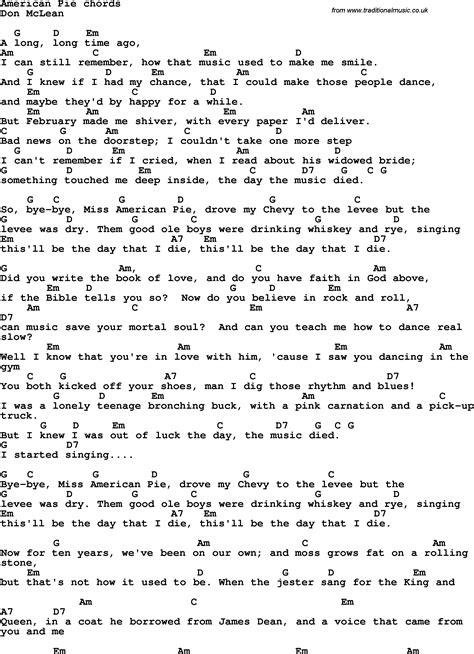 American Pie Lyrics by Don McLean from the American Highway album - including song video, artist biography, translations and more: A long long time ago I can still remember how that music Used to make me smile And I knew if I had my chance That I…